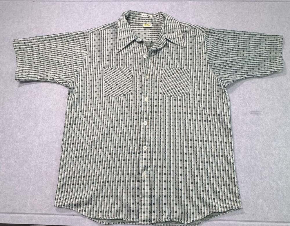 Vintage Ely Shirt Big Man Green Striped Geometric Short Sleeve Vintage